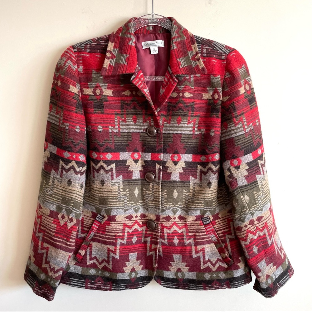 COLDWATER CREEK Southwestern Button-Up Blazer Suede Cuff Lined Pockets Red